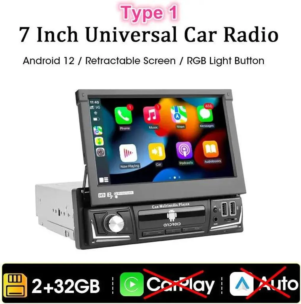 Autoradio GPS 1-DIN pour voiture avec CarPlay sans fil et écran tactile