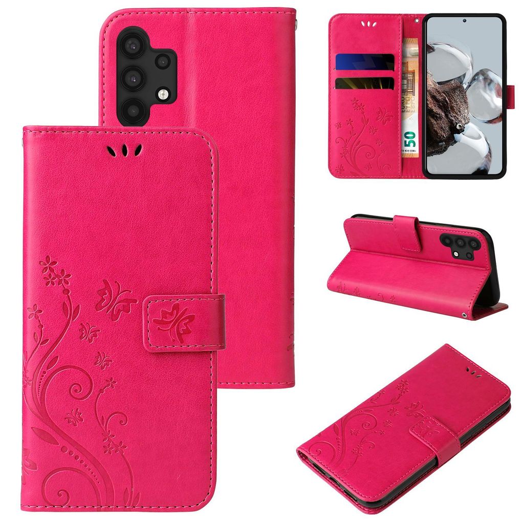 Handyhülle für Samsung Galaxy A32 5G Floral Blumen Schmetterling Flip Cover Hülle Case Klapphülle Handytasche Farbe: Pink