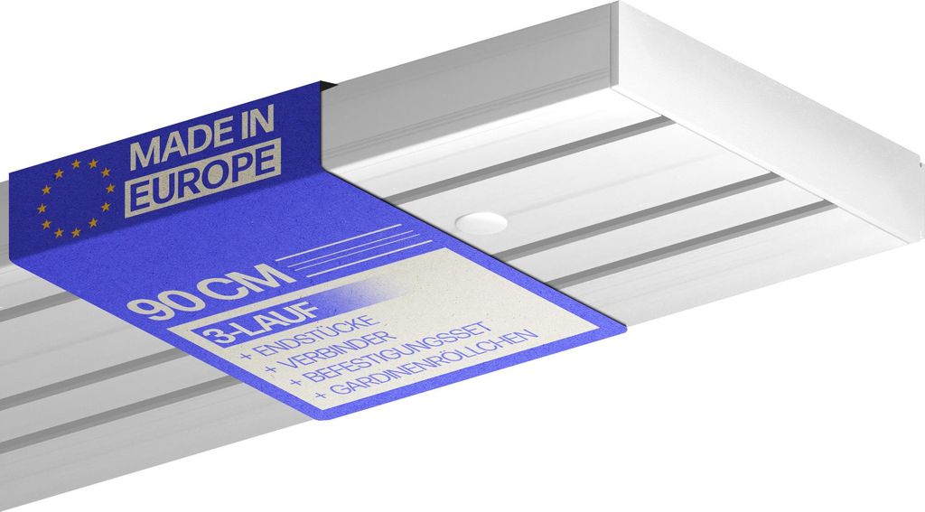 A close-up, angled view of a white curtain rail with a blue and white tag attached, showing product information.