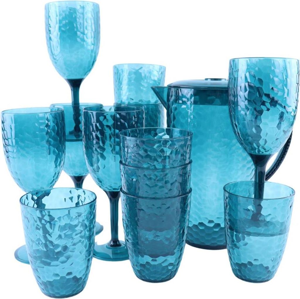 OTIX Kunststoff-Trinkgläser Weingläser Limonadenkanne 13-teilig Wiederverwendbare Wasserkanne Wasserglas Limonadengläser Blau HARBOR