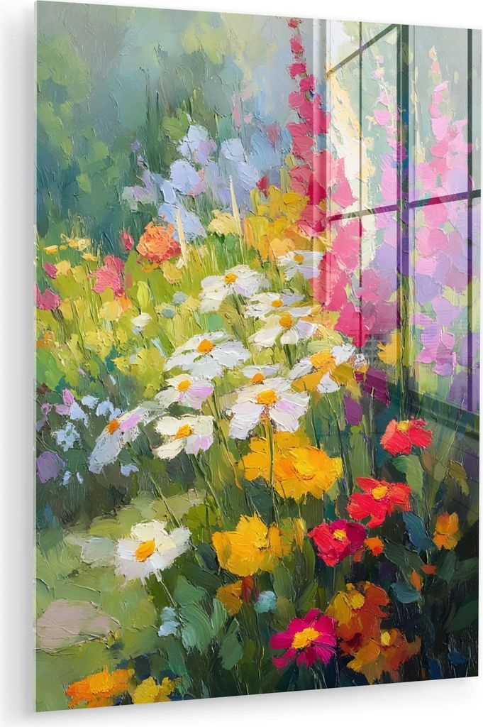 MuchoWow Glasbilder - Bilder auf Wandbild - Foto auf Glas Sommergarten - Atmosphärisch - Blumen 60x80 cm Wanddekoration aus Glas - Acrylglasbild -...