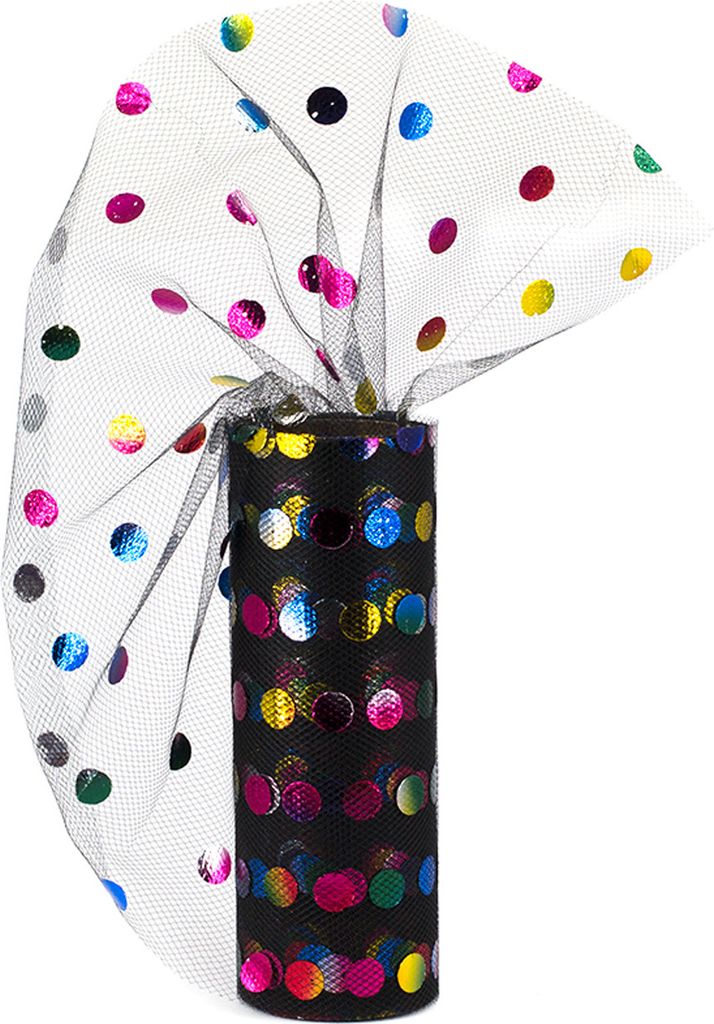 Tüll Stoff Rolle 9m x 15cm Punkte, schwarz / bunt Regenbogen