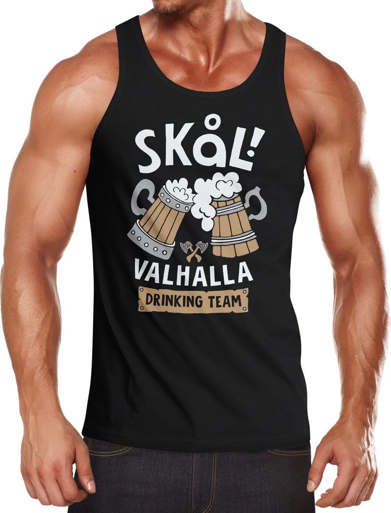 Herren Tanktop Skâl! Valhalla Drinking Team Prost Bier Wikinger Fun-Shirt Party Trink-Spruch lustig Muskelshirt Moonworks schwarz S