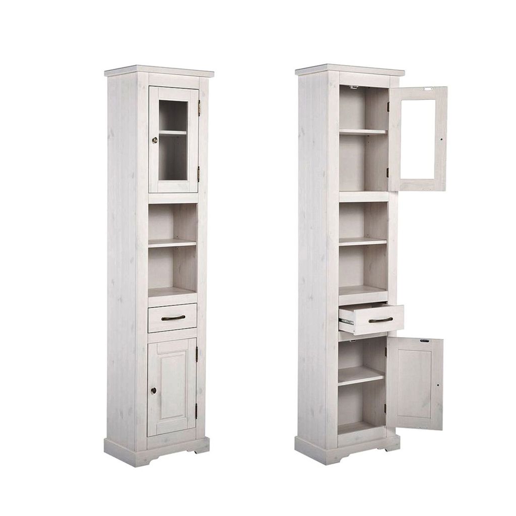 Landhaus Badezimmer Hochschrank LIRIA-56, Massivholz weiß gebleicht, B x H x T ca. 45 x 190 x 30cm