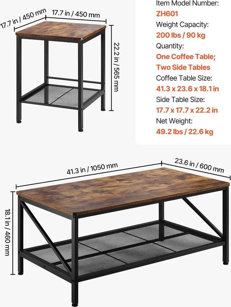 Table basse de 105 cm et 2 tables d'appoint en bois pour salon moderne