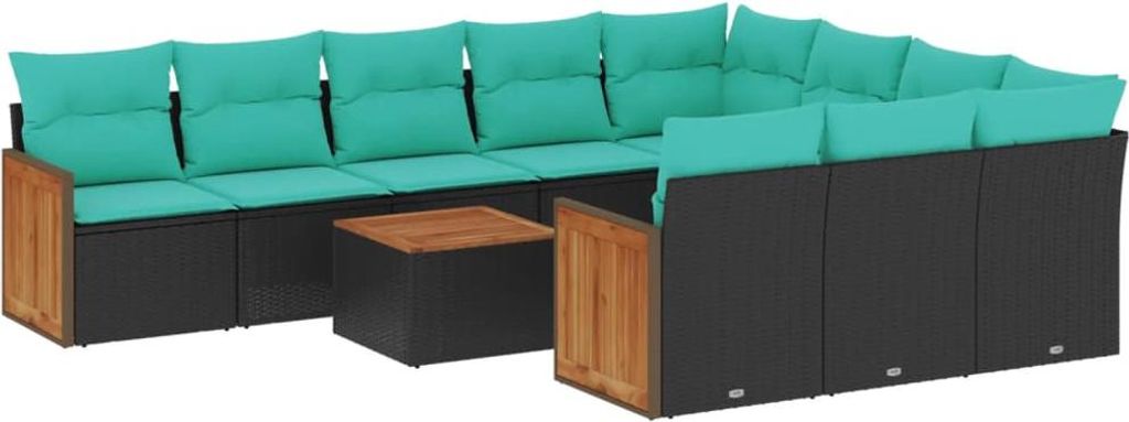 11-teiliges Gartensofa-Set mit Kissen, schwarzes Polyrattan