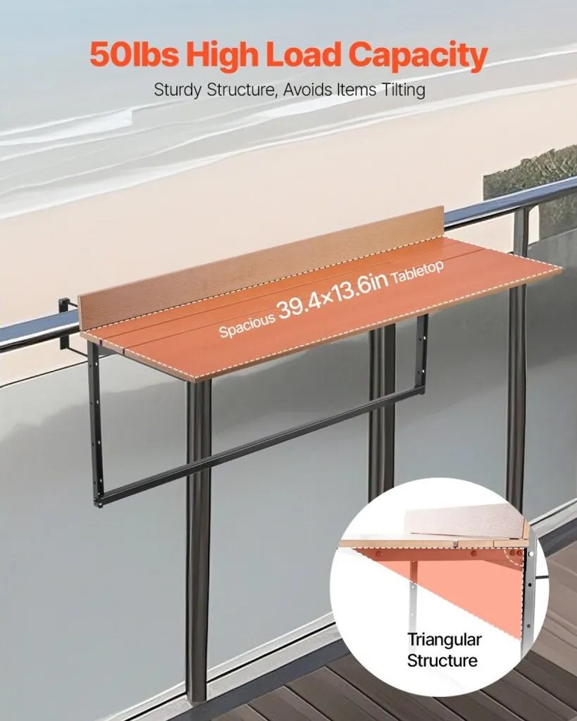 Table de balcon suspendue pour repas extérieur - Plateau pliable 100cm