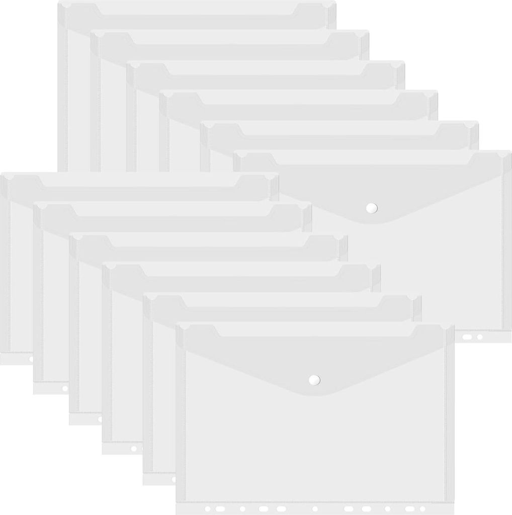 12 Stück Dokumenten-Mappen A4, Transparent Druckknopf A4 Dokumentenmappe Sammelmappen für Dokumente Organisieren mit Binderlöcher und Etikettent...