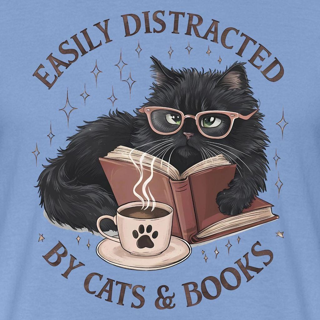 Spreadshirt Easily Distracted By Cats & Books | Leseratte Katze Männer T-Shirt, L, Carolina Blue