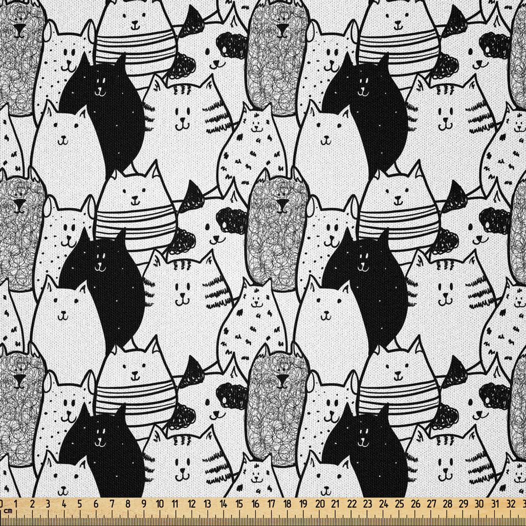 ABAKUHAUS Katze Microfaser Stoff als Meterware , Einfarbiges Muster mit Hand gezeichneten Art-Tiercharakteren unterschiedliches nettes Maskottchen,...