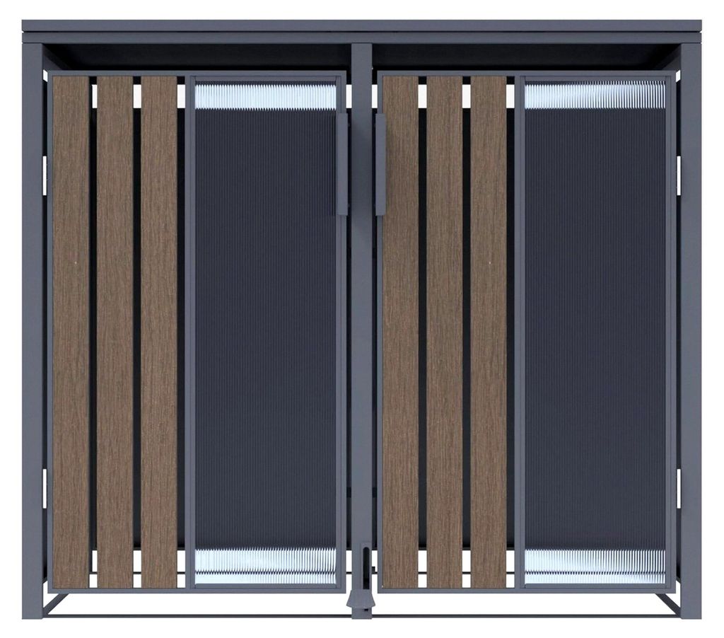 Mülltonnenbox in Anthrazit mit Holzoptik und Plexiglas für 2 Mülltonnen mit 120 und 240 Litern
