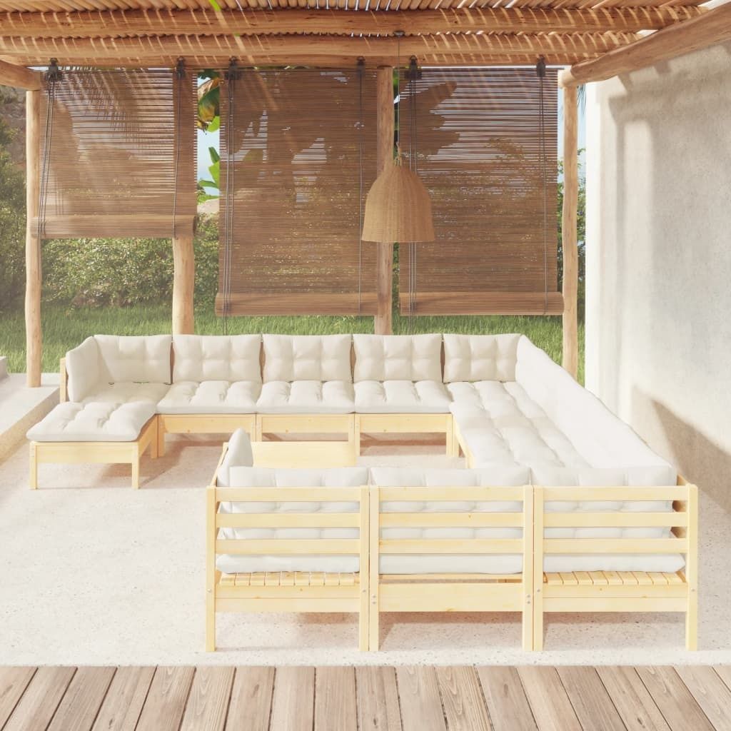 Möbel 13-tlg. Garten-Lounge-Set mit Creme Kissen Kiefernholz - Gartenmöbelgarnituren 3097073