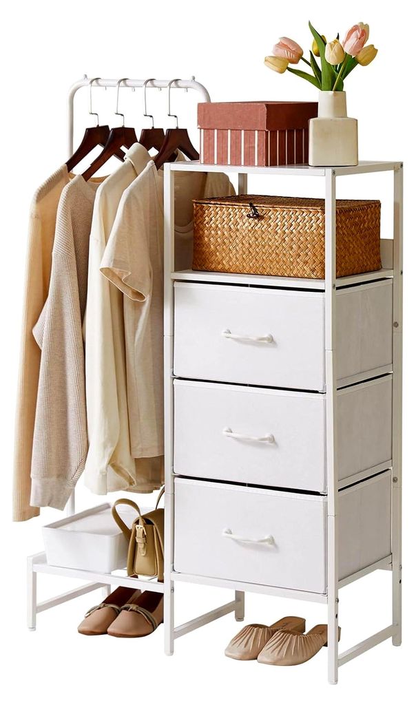Stoffkommode für das Schlafzimmer, Stoffschubladenschrank mit Regalen und Kleiderstange, wendbarer Kleiderbügel für Flur, Eingangsbereich, Schla...