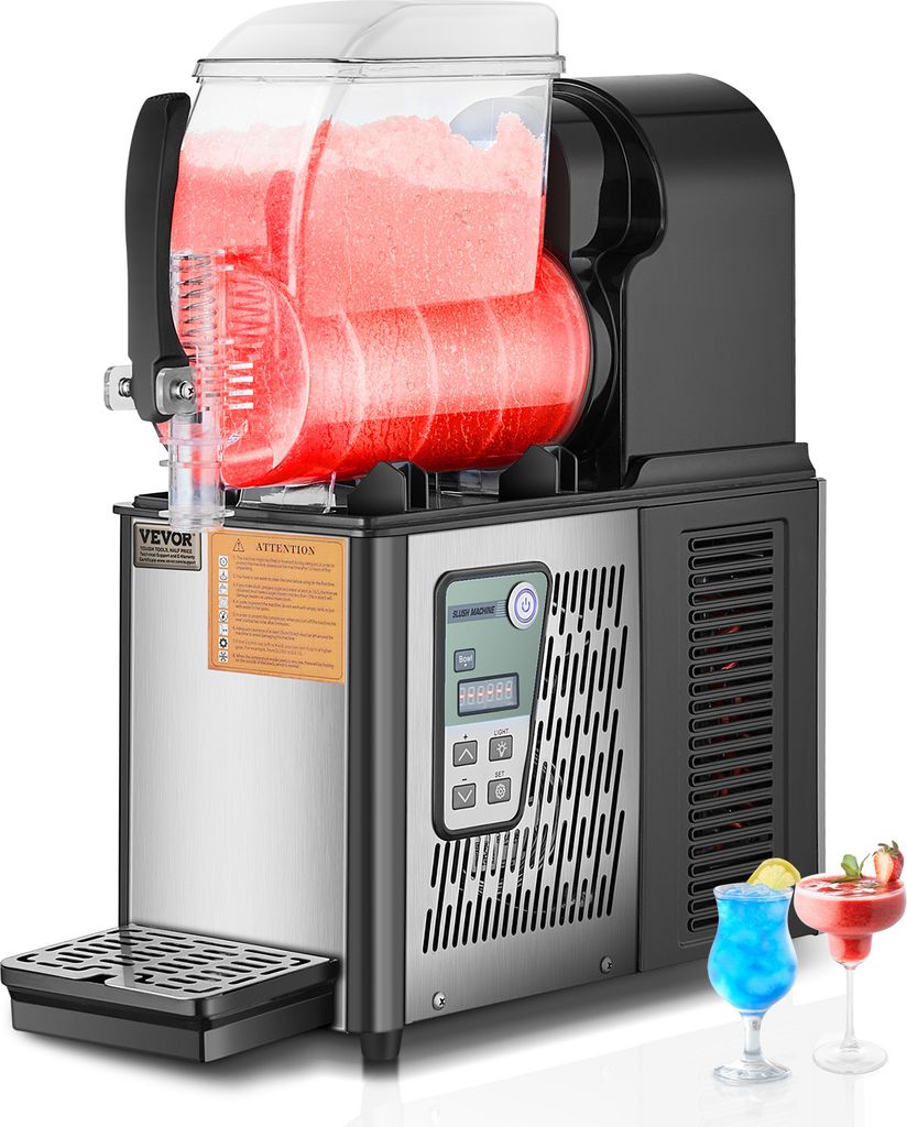 A commercial slush machine filled with red slushy drink, with two cocktail glasses in the foreground.