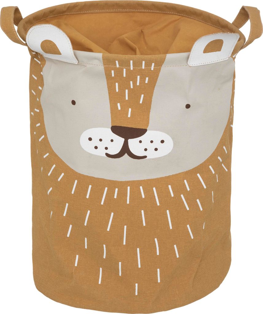 A product shot of a fabric storage bin designed to look like a lion's face.