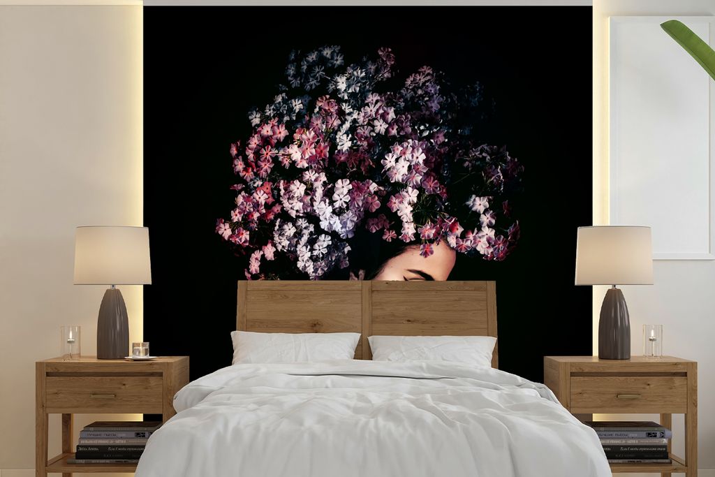 MuchoWow Fototapete für Wohnzimmer oder Schlafzimmer Wandtapete Vinyl Motivtapete Blossom - Frau - Rosa - Luxus - 280x280 cm - Hintergrundbild