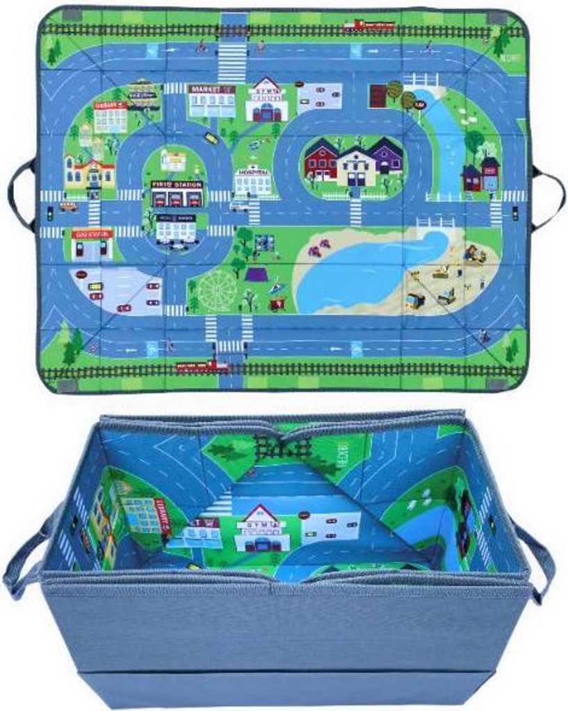 HECKBO 4-in-1 Auto Organizer und Spielteppich - Kinder Spielzeug-Aufbewahrungsbox - Faltbare Spielmatte mit Straßenmotiv - Sichere Befestigung im ...