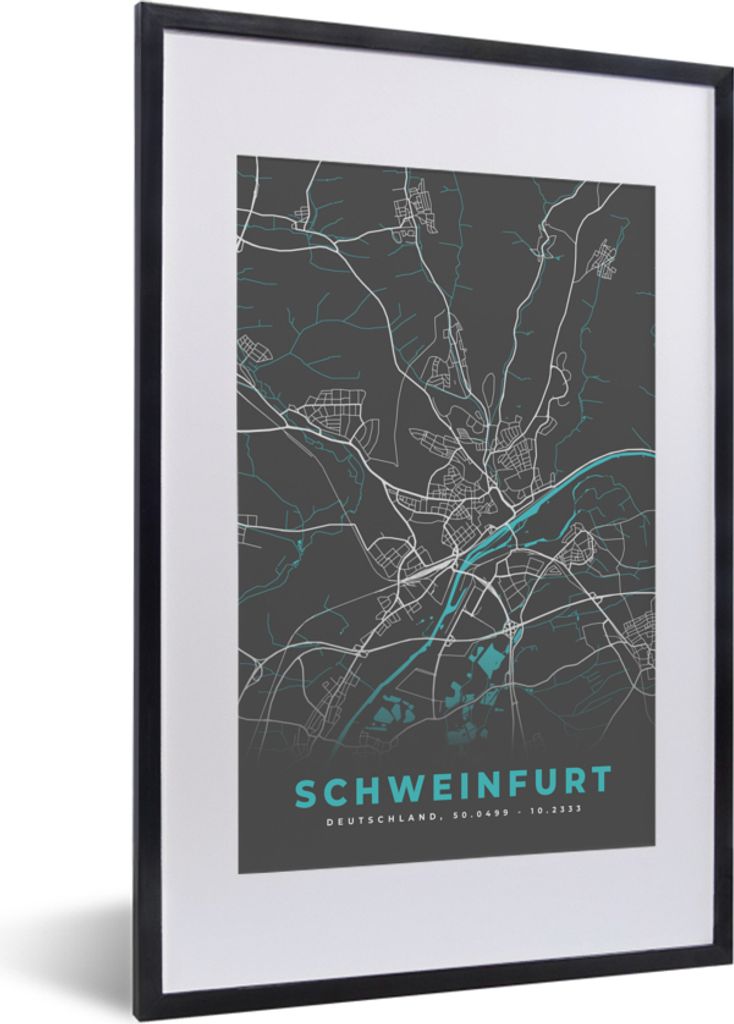 MuchoWow Gerahmtes Poster Karte - Stadtplan - Schweinfurt - Deutschland - Blau 40x60 cm - Poster mit Schwarzem Bilderrahmen Wandposter Rahmen Fot...