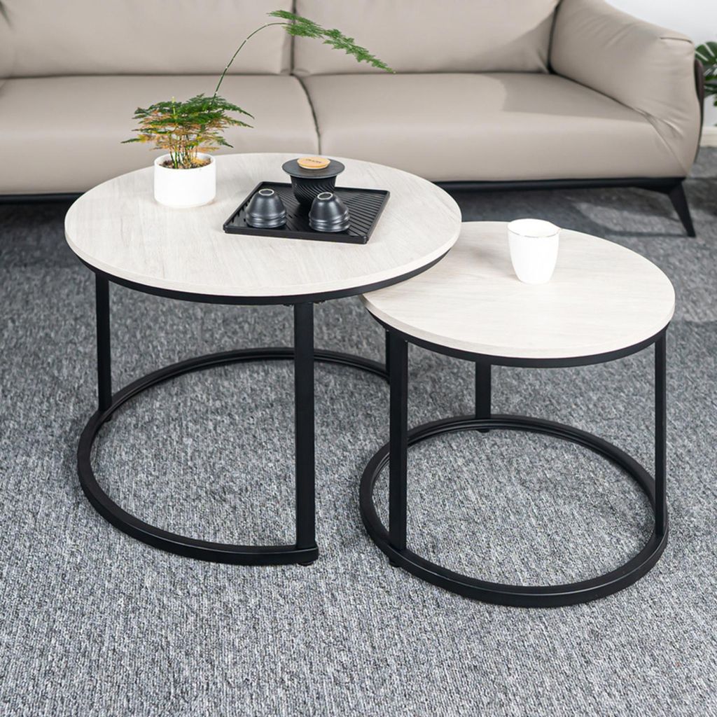 Hawthyhome Couchtisch-Set 2 Stücke Beistelltisch aus Holz mit Metallrahmen Moderne Kaffeetische für Wohnzimmer Schlafzimmer Weiß