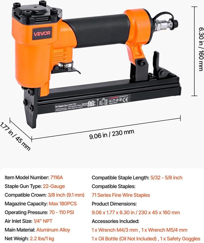 Graffatrice pneumatica, graffatrice pneumatica per tappezzeria calibro 22 per graffette in filo sottile serie 71 con corona da 9,1 mm e lunghezza da 4 mm a 16 mm, graffatrice pneumatica da 70-110 PSI per lavorazione del legno, tappezzeria e progetti fai da te. - 7