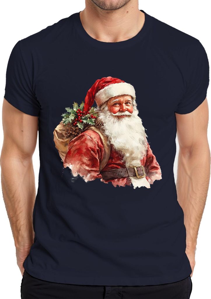 Weihnachtsmann Sack Stechpalme Tannenzapfen Bart Geschenk Vintage Herren T-Shirt, Navy, 3XL