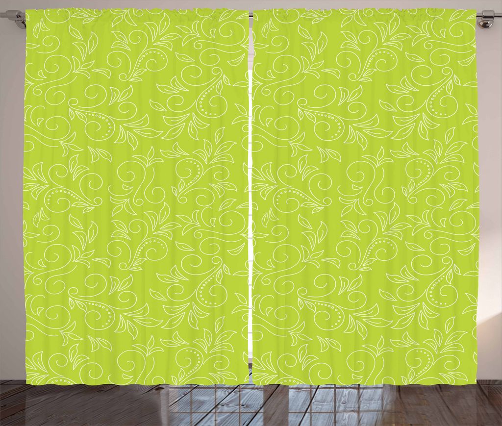 ABAKUHAUS Grünes Blatt Rustikaler Gardine, Doodle Curly Flora, Schlafzimmer Kräuselband Vorhang mit Schlaufen und Haken, 280 x 175 cm, Gelb Grün...