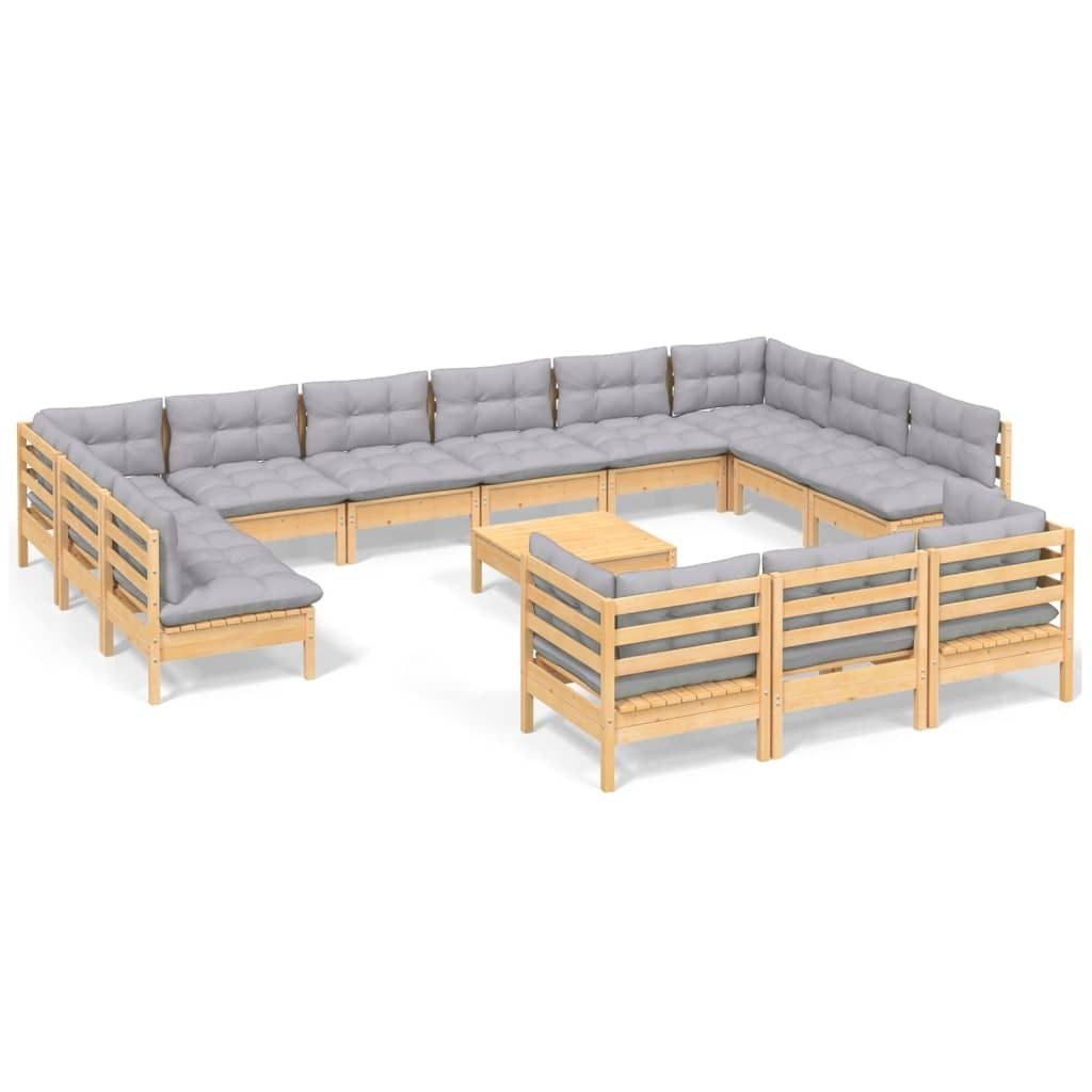 14-tlg. Garten-Lounge-Set mit Grauen Kissen Kiefernholz
