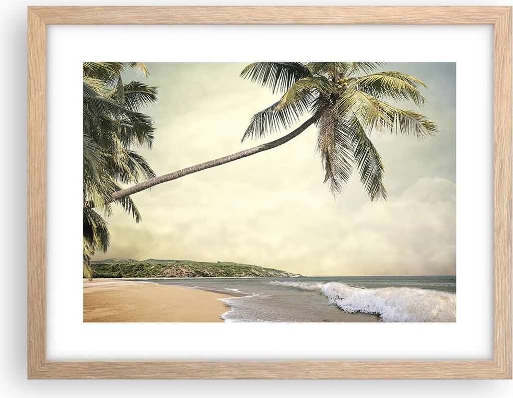 Gerahmtes Poster - Rahmen in heller Eiche - Palme Strand Insel - 40x30 cm - Wand Bild - Wanddeko - Wandbilder - Wandposter - Bilderrahmen - Bilder ...