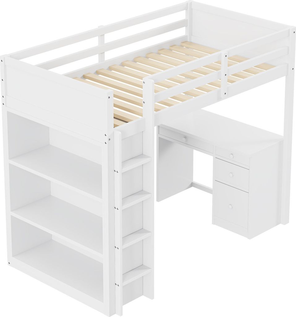 Hochbett,Kinderbett,Einzelbett(Weiß)mit Aufbewahrungsschränken und Computertisch,multifunktionales Hochbett aus Holz