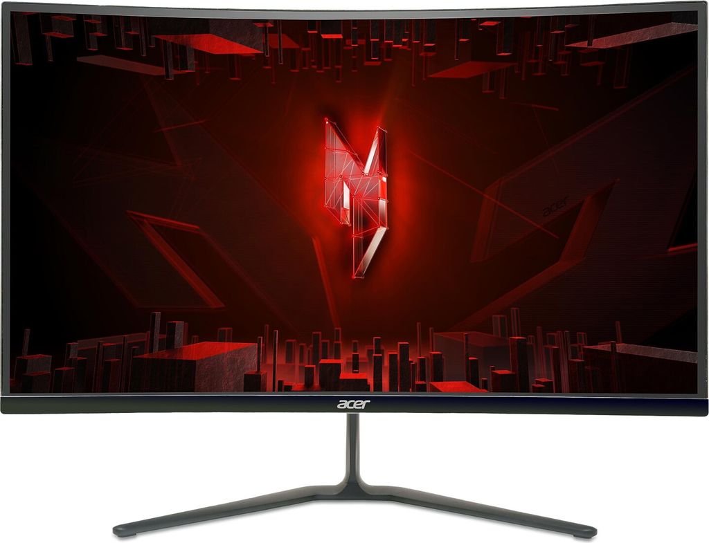 A curved computer monitor displaying a red and black abstract graphic with a prominent red logo in the center.