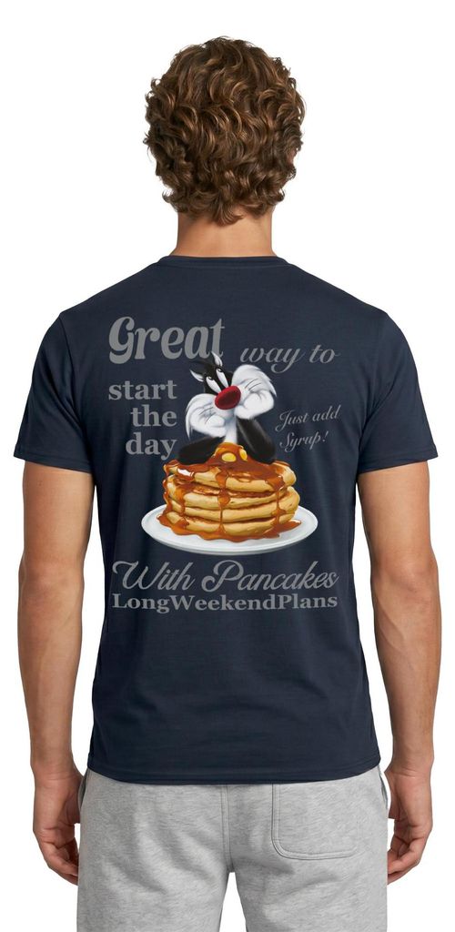 Spreadshirt Looney Tunes Pancakes Mit Spruch Und Sylvester Cat Männer T-Shirt, S, Navy