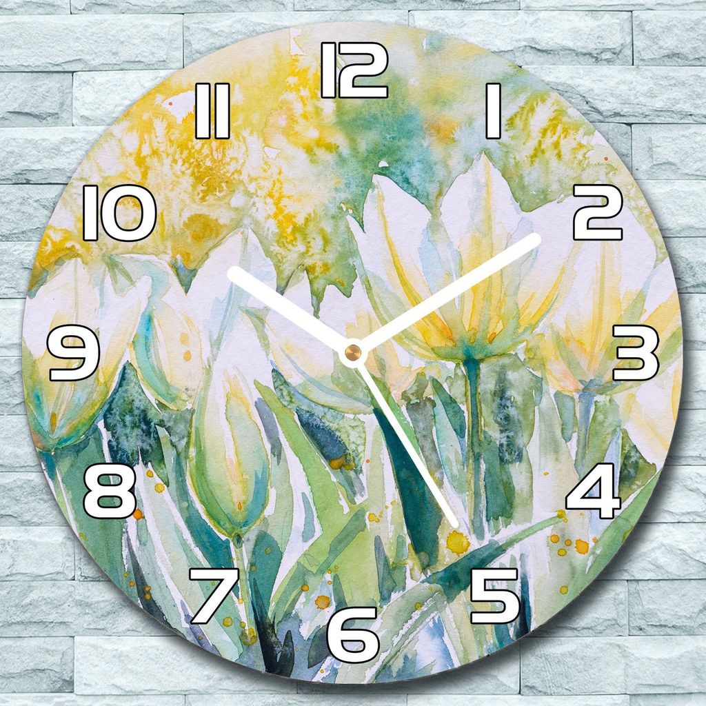 Wanduhr aus Glas Rund fi 30 Bemalte weiße Tulpen Quarz Deko Schlafzimmer Büro