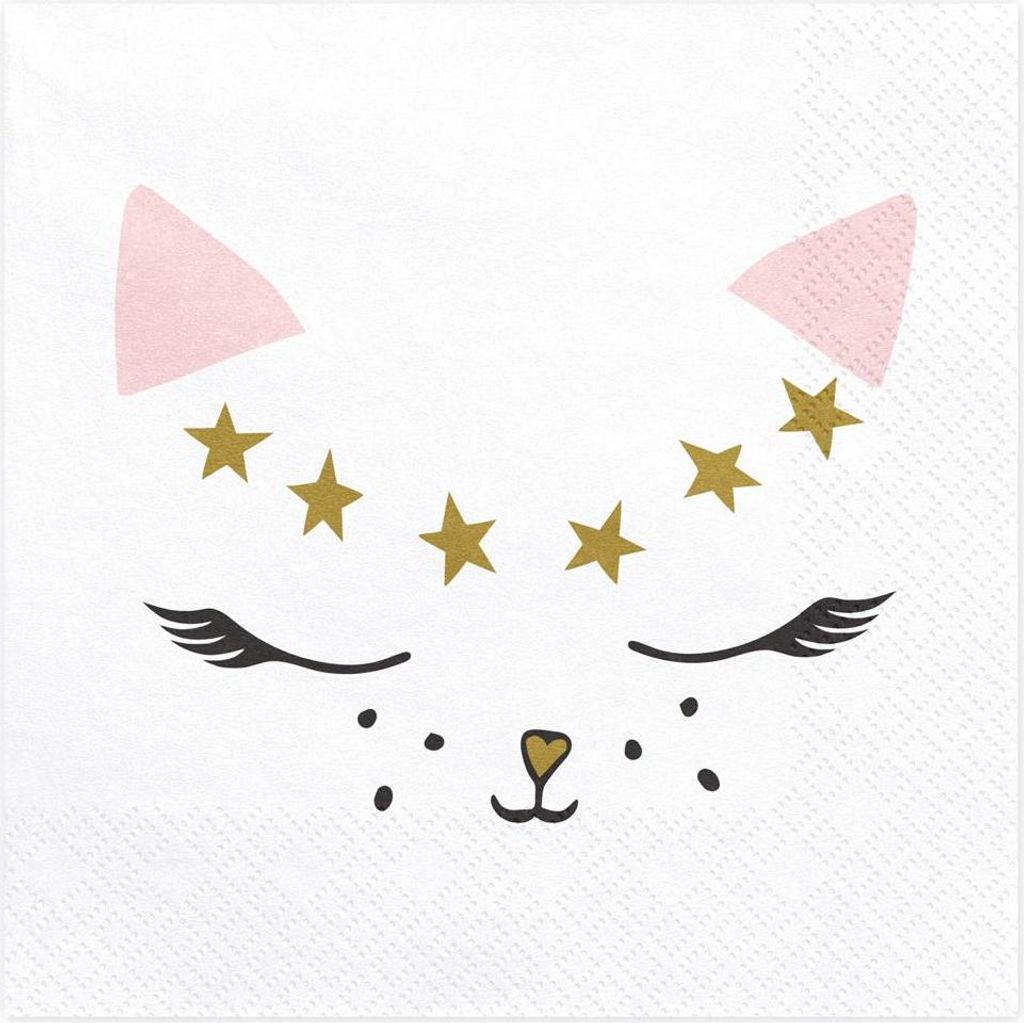 Servietten Katze 33x33cm weiß / gold / rosa, 20 Stück