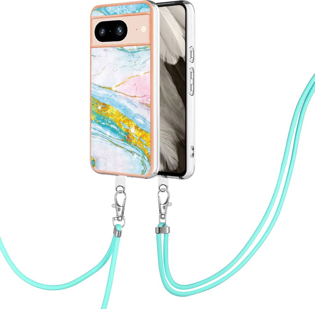 Handykette Hülle für Google Pixel 8 Muster TPU Schutzhülle mit verstellbarem Tragegurt Türkis