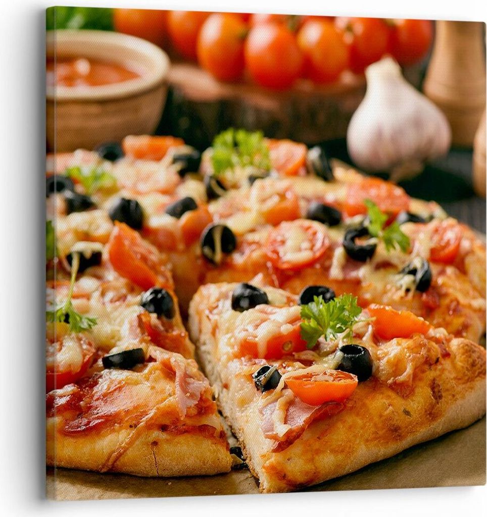 Bild auf Leinwand - Leinwandbild - Pizza Käse Tomaten - 30x30cm - Wand Bild - Wanddeko - Wandbilder - Leinwanddruck - Bilder - Kunstdruck - Wandde...