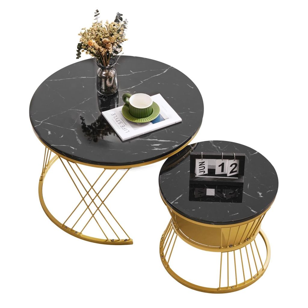 Moderne Nesting Couchtisch, Hochglanz Couchtisch Satz ,Marmor Furnier Sofa Seite Nest von Tischen Runde Endtische, Satz von 2, Goldene Farbe Frame