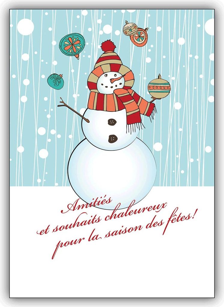 Französische Weihnachtskarte mit jonglierendem Schneemann: Amitié
