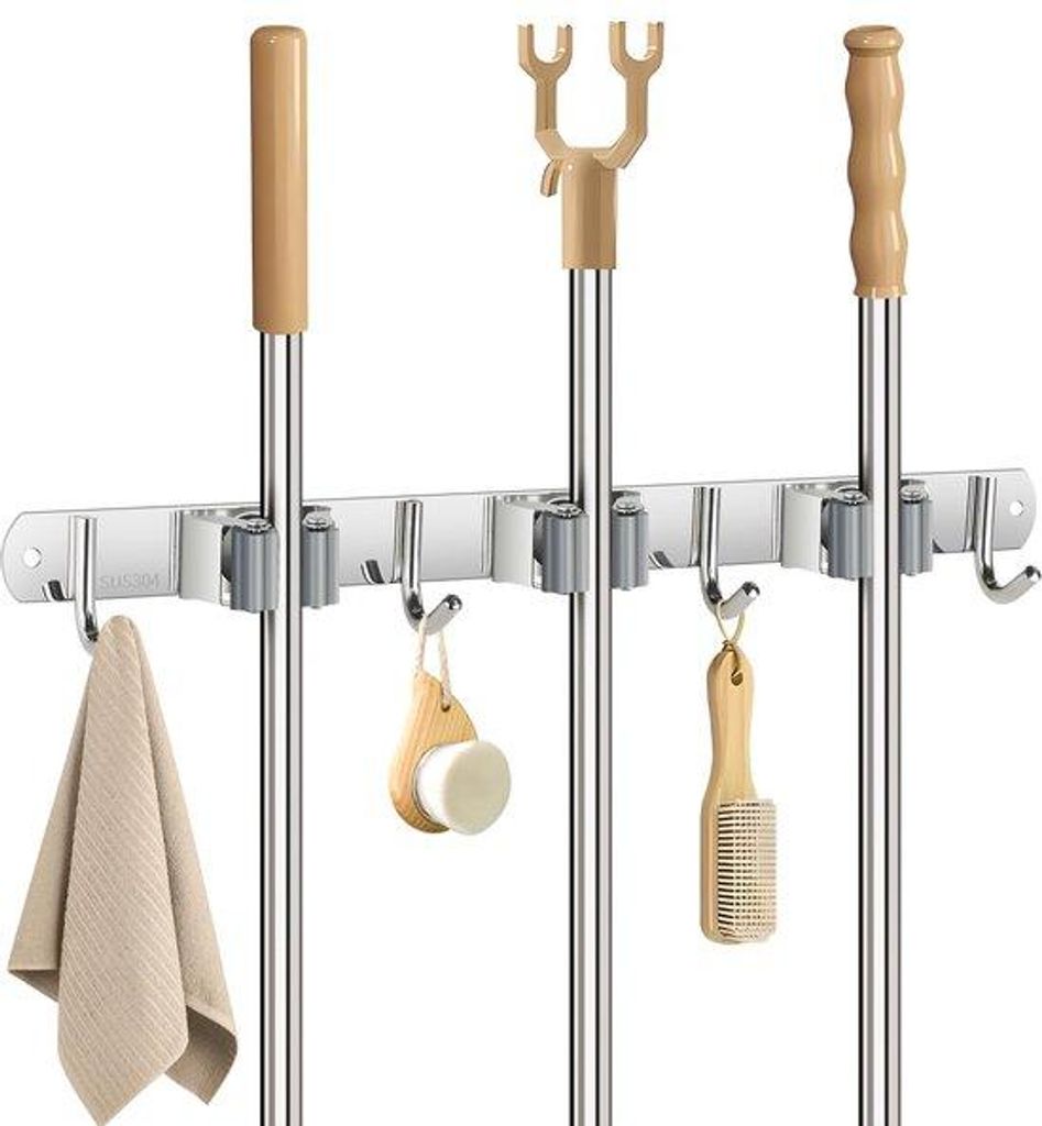 Edelstahl-Wandhalterung mit 3 Halter und 4 Haken für Gartengeräte und Badezimmer