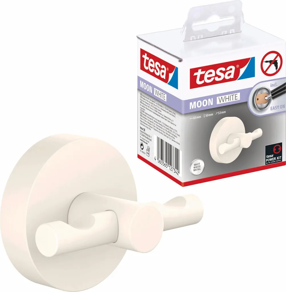 tesa MOON WHITE gancio per accappatoio, bianco opaco - per bagni in stile industriale e bagni moderni - senza trapano, soluzione adesiva inclusa