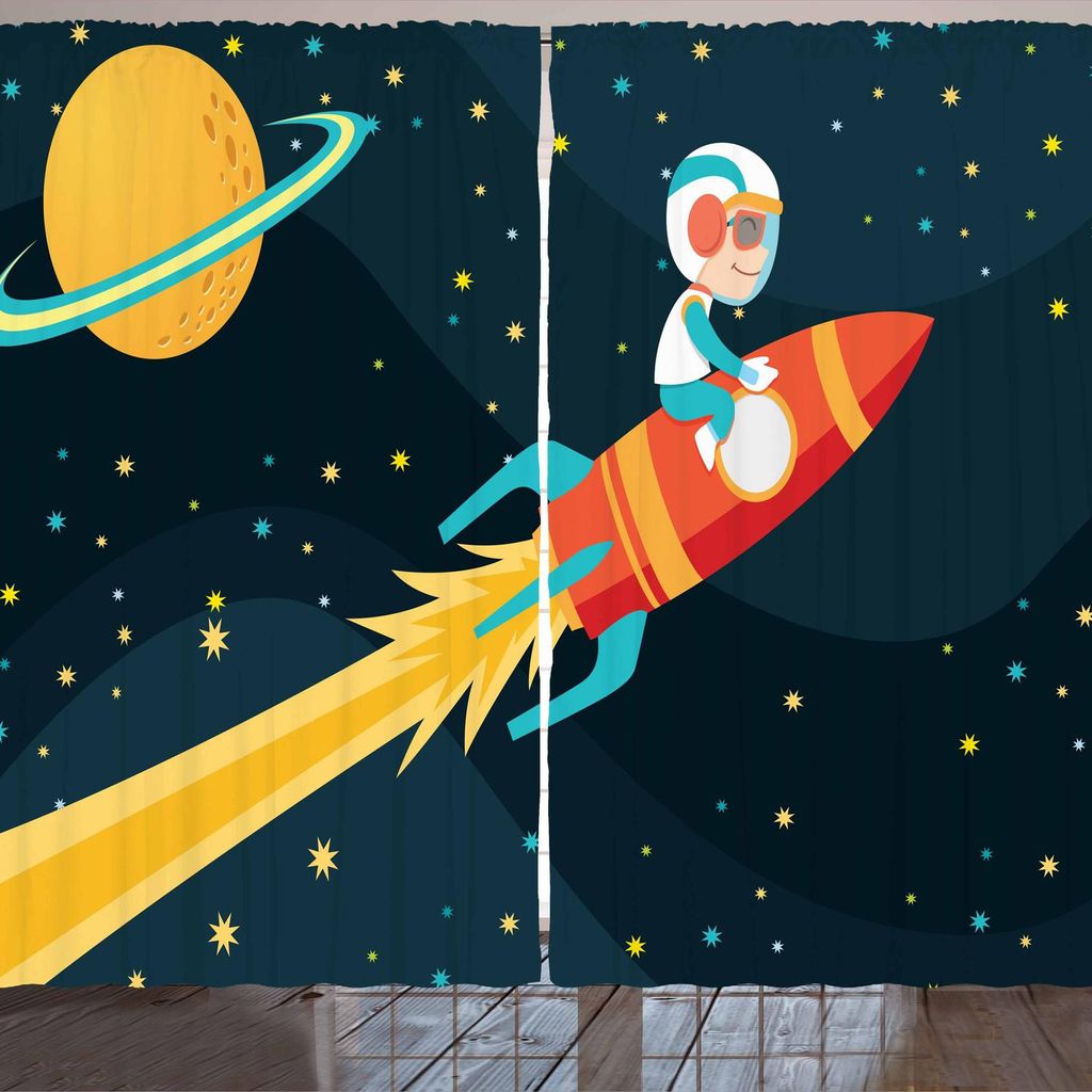 ARANDE Rakete Gardine, Boy Riding Rocket im Raum Spaß Childish Journey Exploring Universum Theme, 280 x 260 cm, Dunkel Petrol Blau Gelb