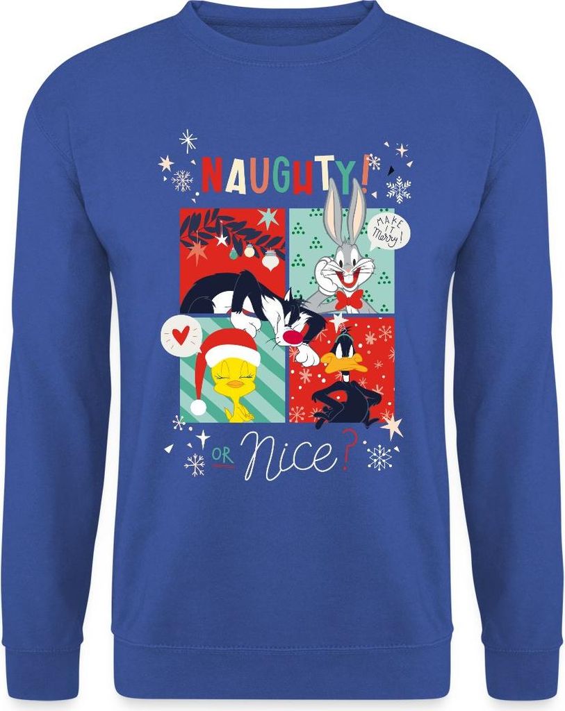 Spreadshirt Looney Tunes Böse Oder Lieb Weihnachten Bugs Bunny Uni Pullover, S, Royalblau