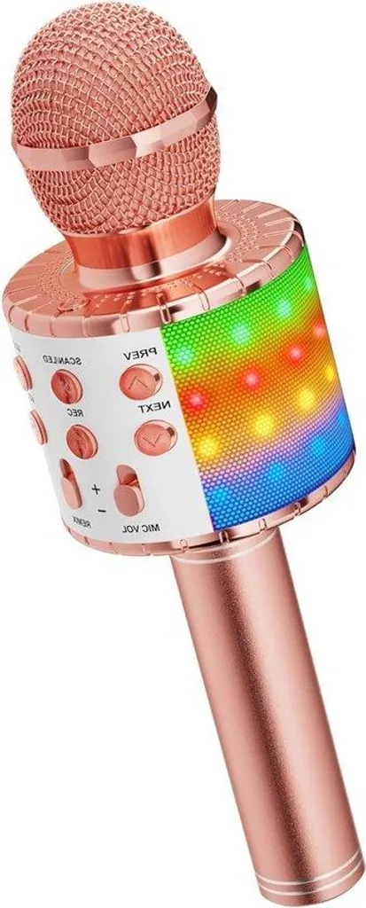 Microphone karaoké Bluetooth portable rose 4-en-1 avec enceinte lumineuse