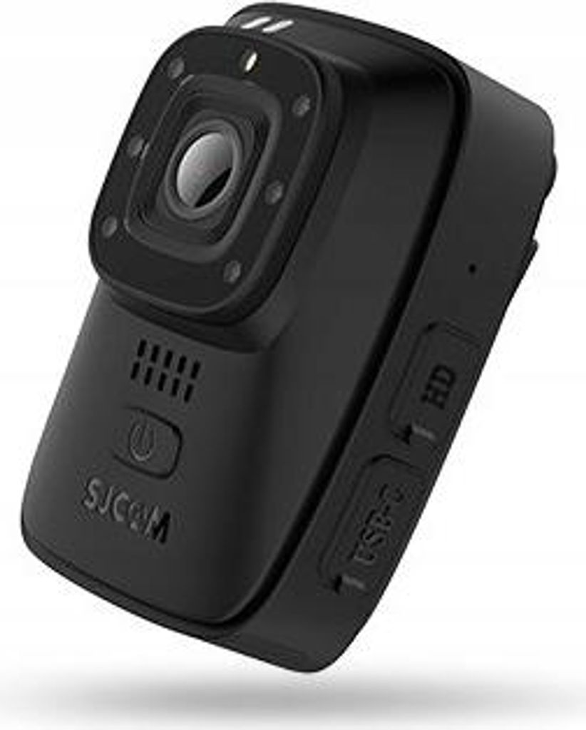 A black SJCAM A10 body camera is shown from a slight diagonal angle against a white background.