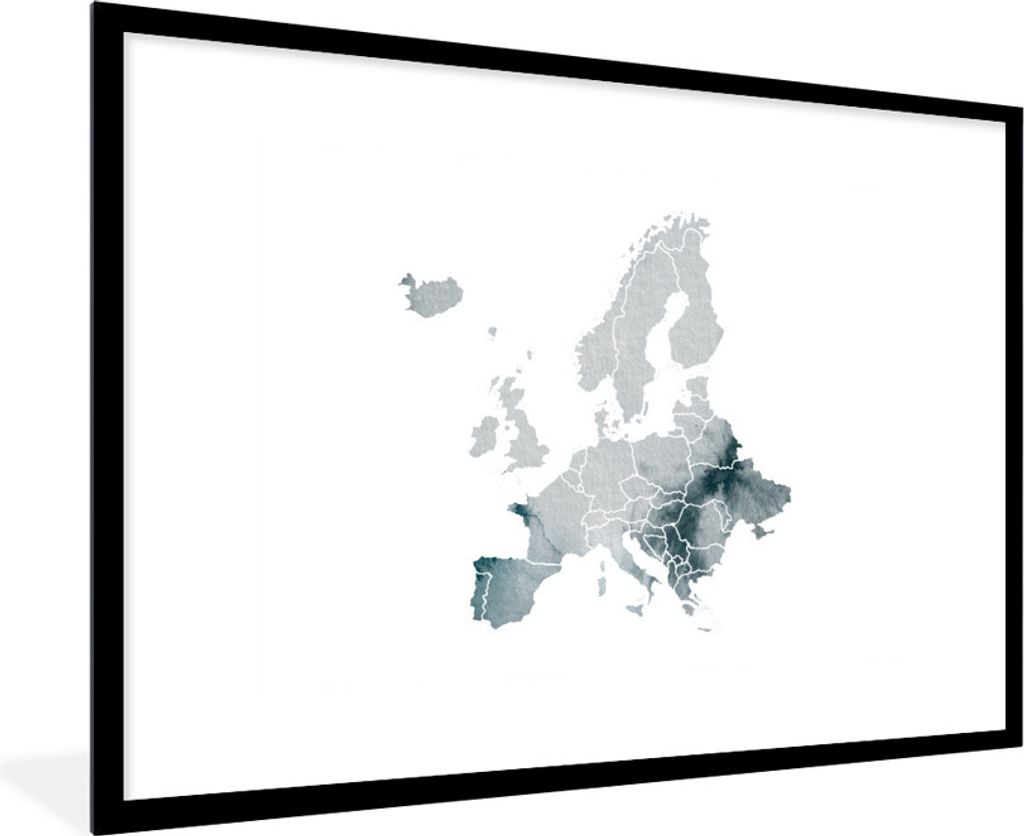 MuchoWow MuchoWow Gerahmtes Poster Karte von Europa - Aquarell - Grau 90x60 cm - Poster mit zchwarzem Bilderrahmen - Wanddekoration - Fotos