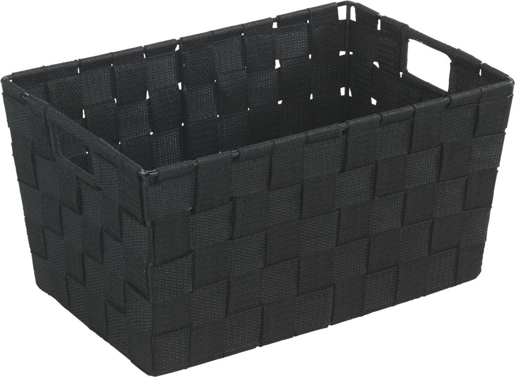 A black woven storage basket with handles is shown from a slightly elevated side angle on a white background.