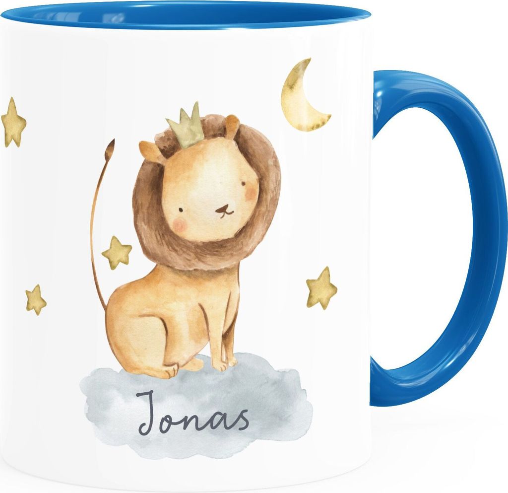 Kindertasse Safari Tiere Nashorn Löwe Elefant personalisierte Namenstasse für Jungen & Mädchen Keramik-Becher SpecialMe Löwe inner-blau Keram...