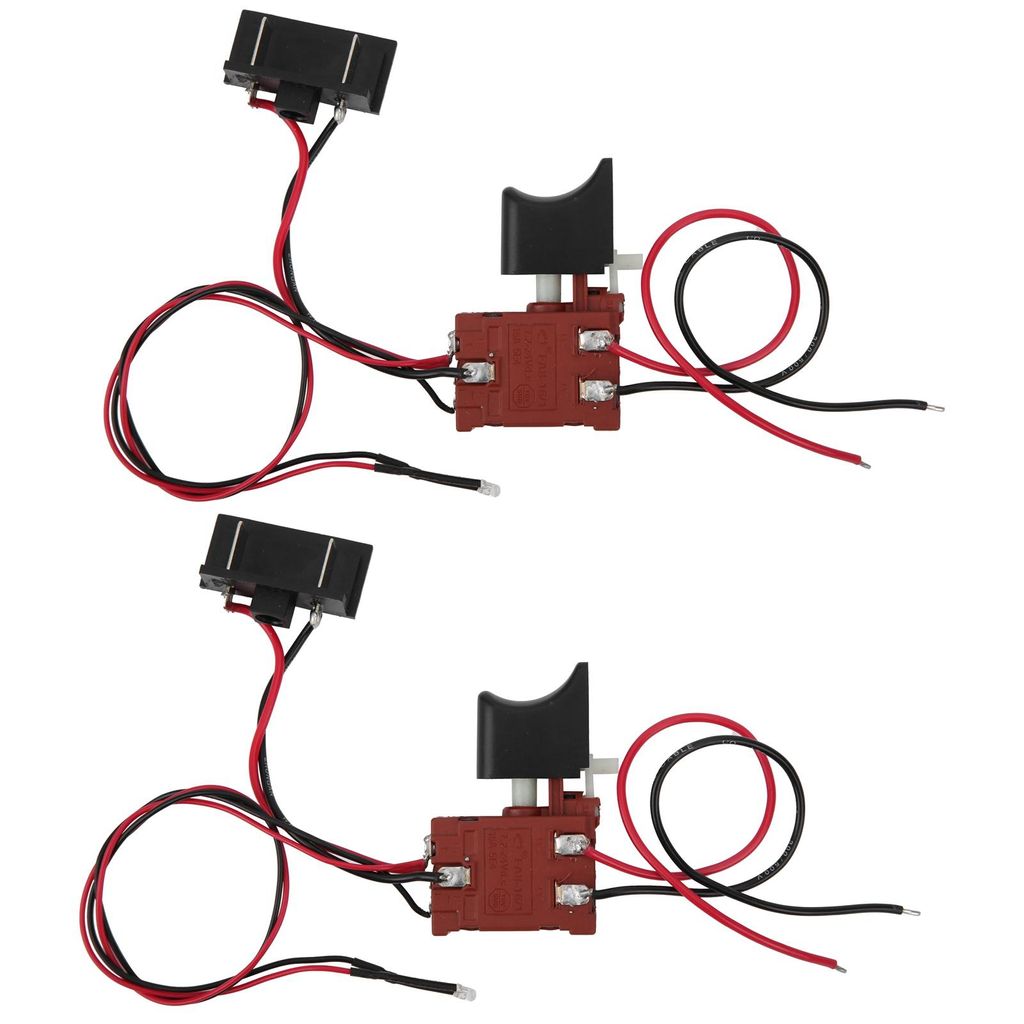 Two identical power tool trigger switches with wires and connectors are shown against a white background.