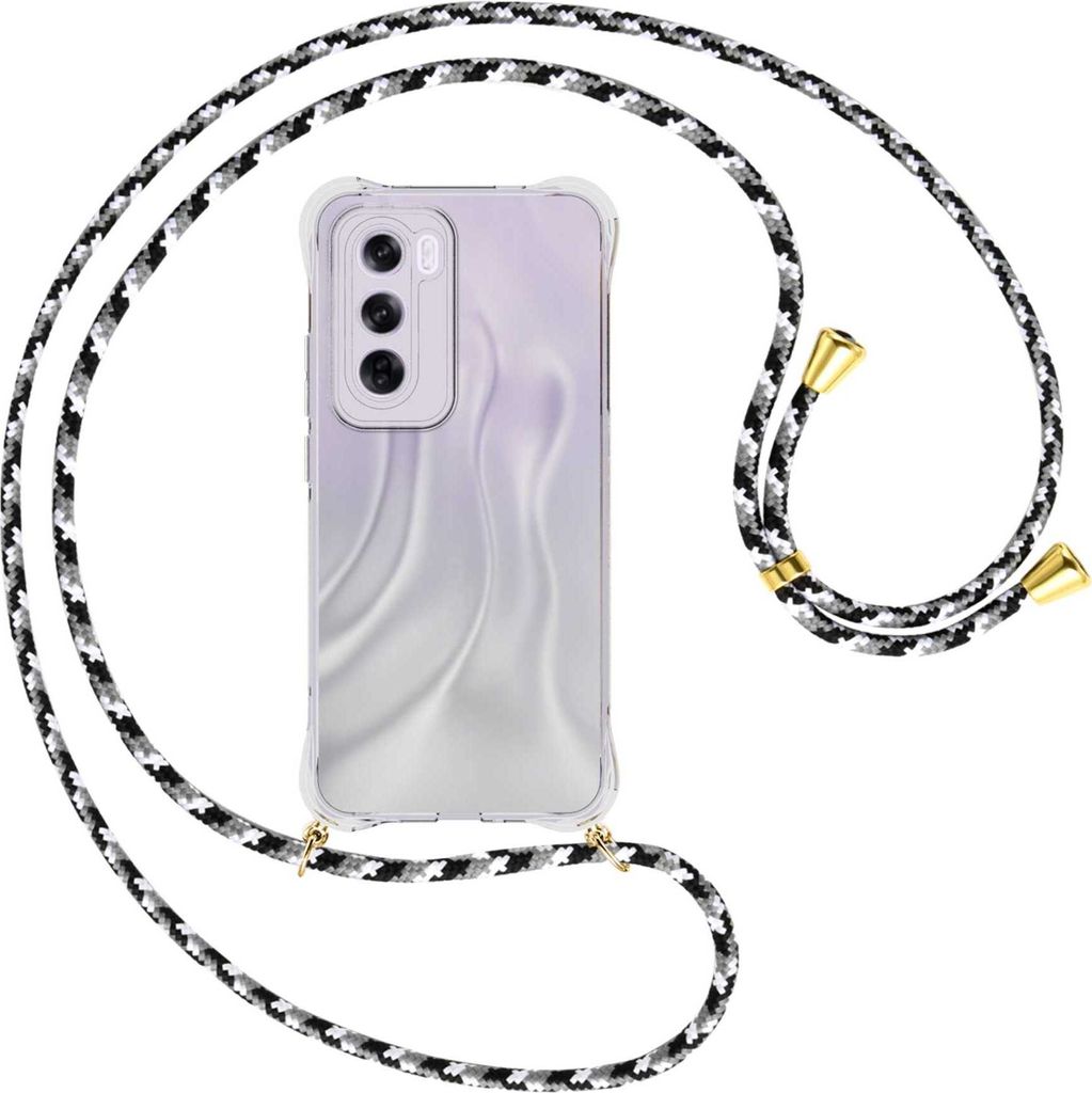 Handykette Backcover-Schutzhülle mit Band (Metall goldfarben) für OPPO Reno 12 Pro 5G - schwarz/grau/weiß