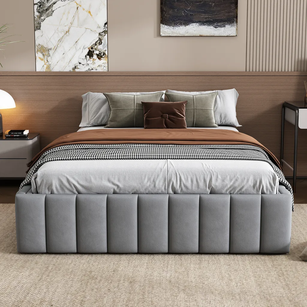 Lit double 140x200 cm avec rangements intégrés et cadre de lit en tissu