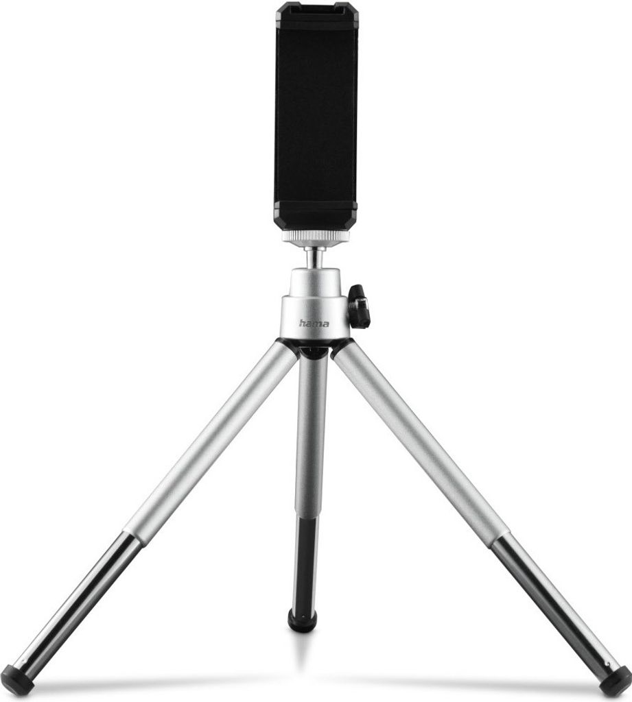 A silver tripod with a black phone holder.